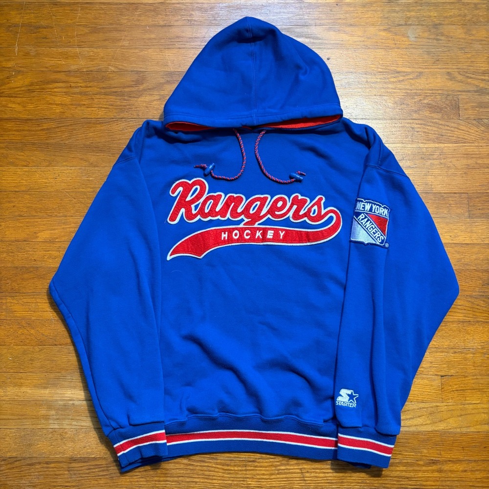 Vintage 90s Starter New York Rangers NHL Hockey Hoodie Blue Red White Mens XL